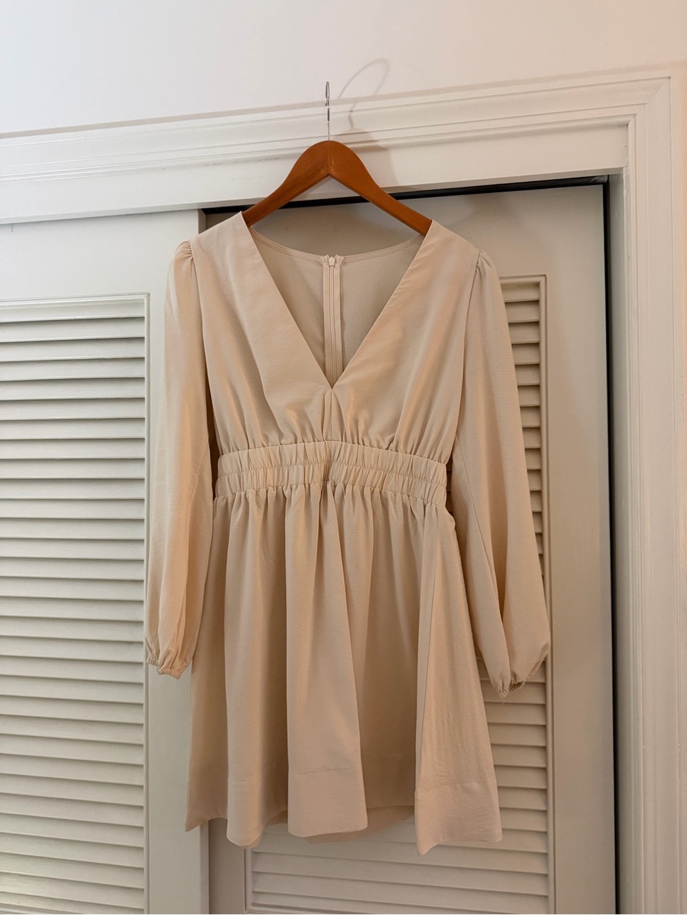 Amazon Cream V-Neck Long Sleeve Smocked Waist Mini Dress